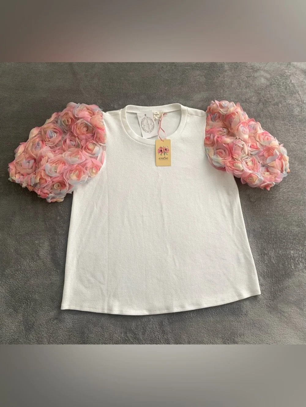 Entro White Textured Top Pink Floral Puff Sleeves Size L NWT - Picture 10 of 14